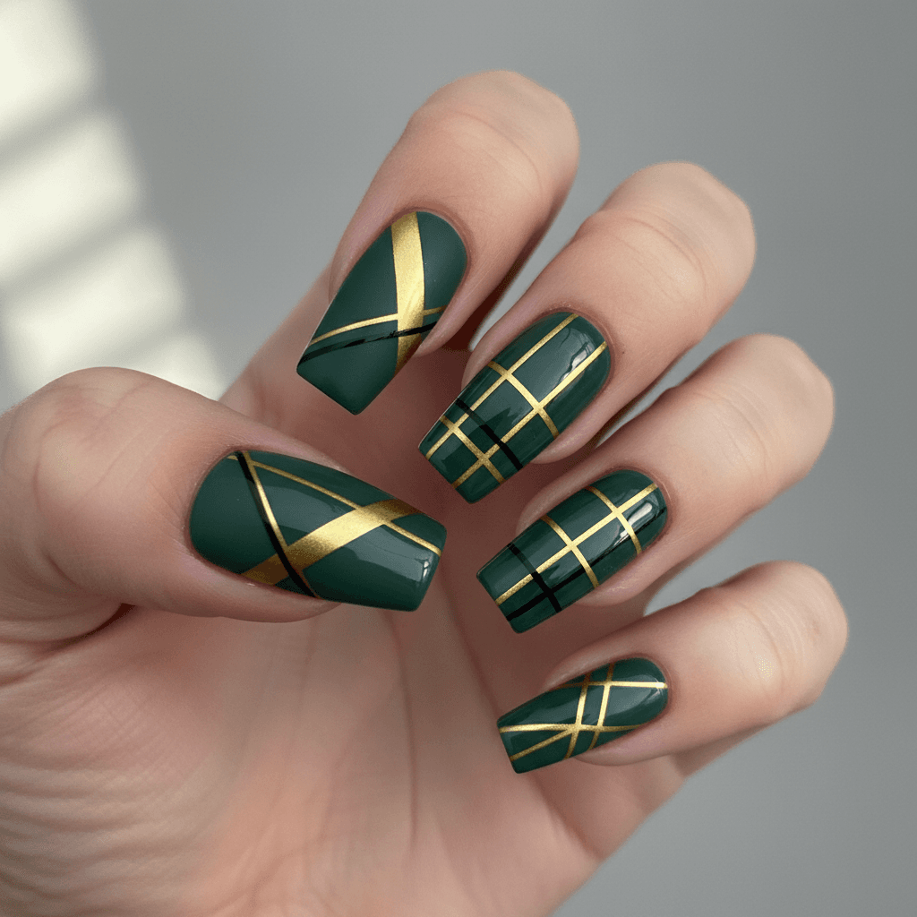 Modern geometric nail art in green and gold