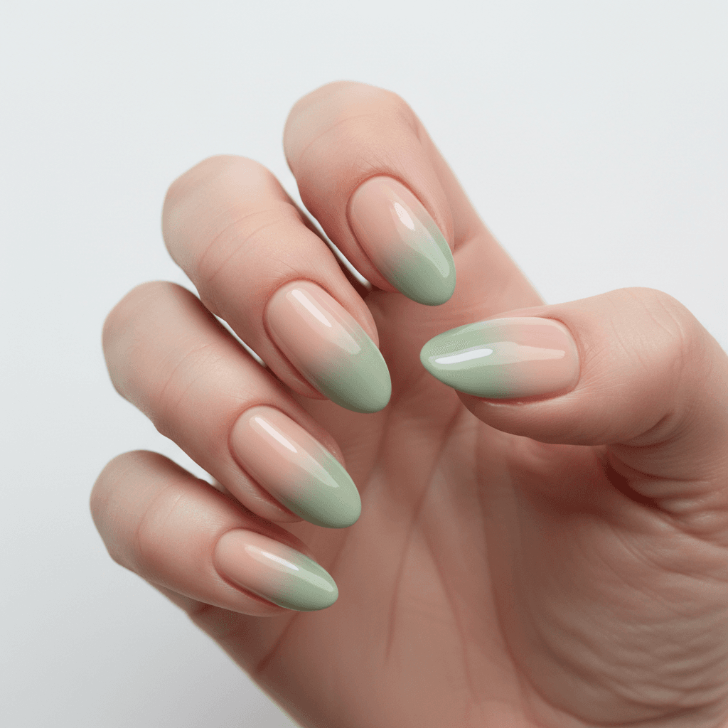 Elegant ombre nails in nude and green tones