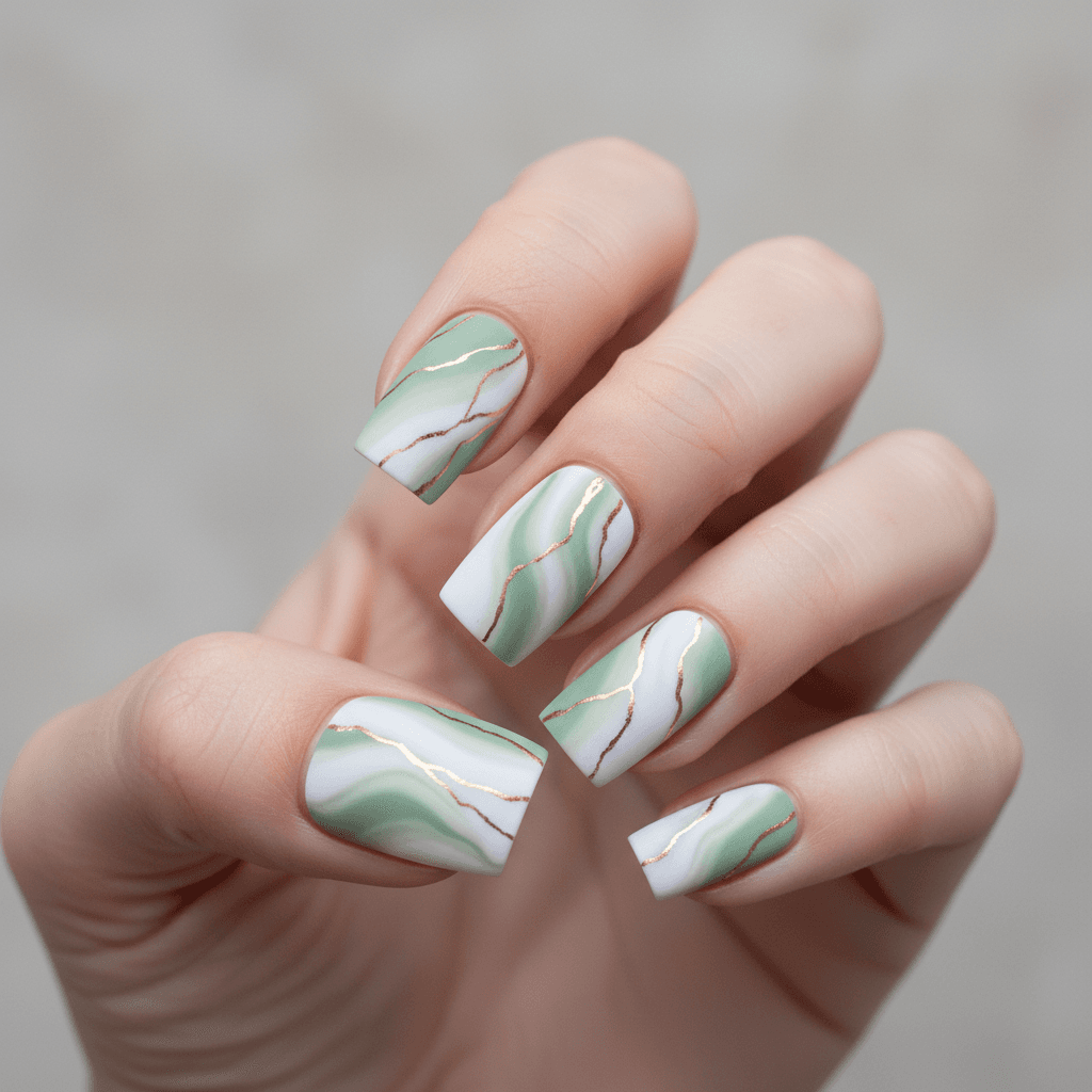 Trendy marble effect nails in white and green
